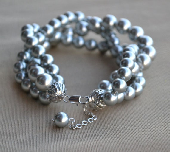 gray pearl Bracelet Glass Pearl BraceletTriple by glasspearlstore