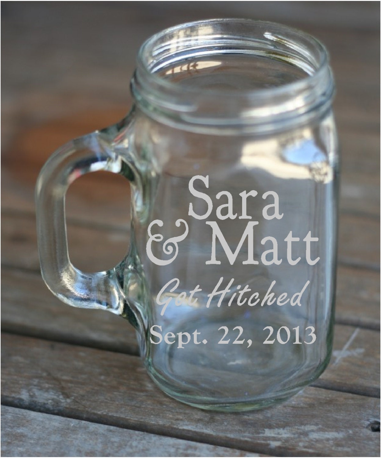 Etched Mason Jar with Handle Wedding Favor by