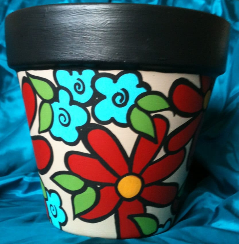 Hand painted terracotta pot beautiful bright red and