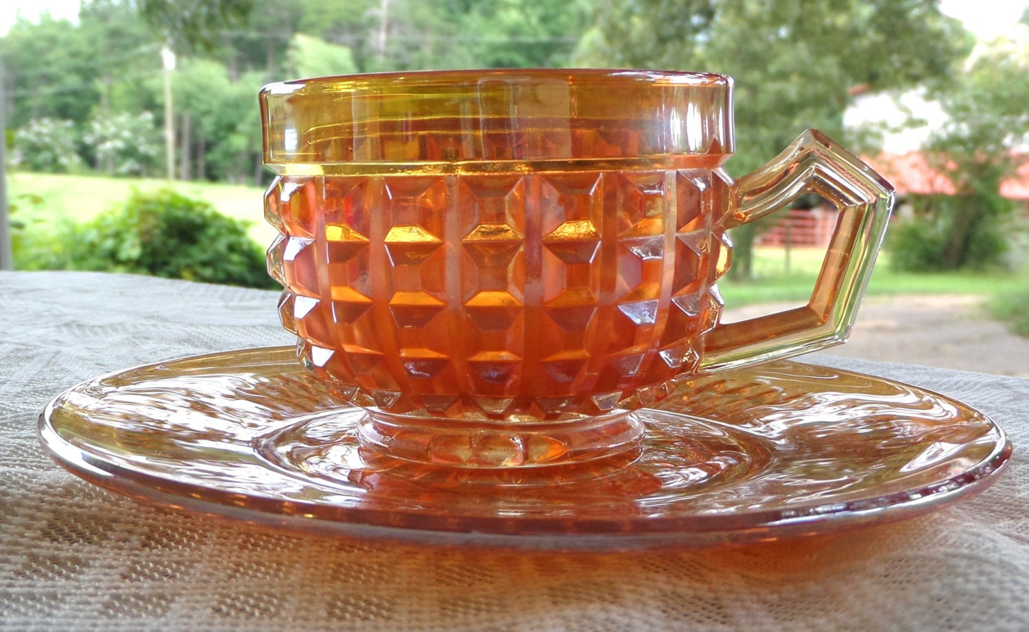 Marigold Carnival Glass Tea Cup and Saucer Set Excellent