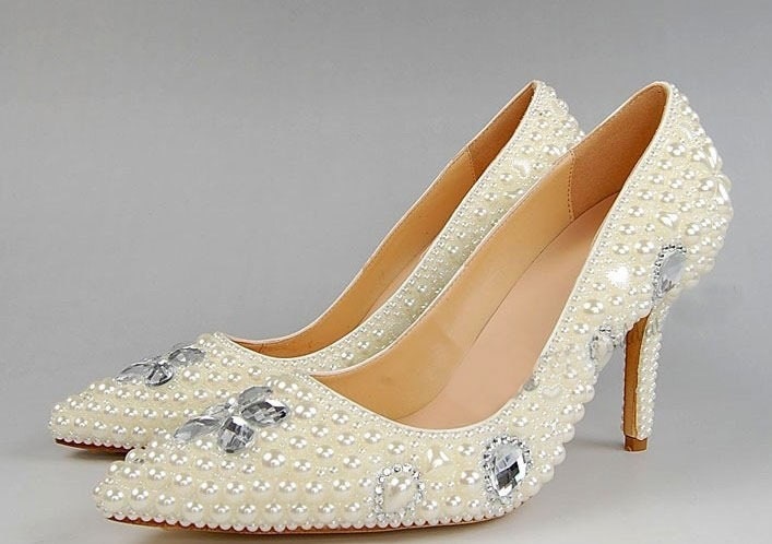 Pearl bridal shoes pearl wedding shoes pearl bridal heels bling high ...
