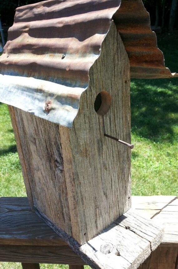 Hand made barn wood bird house. Weathered oak with Tin roof