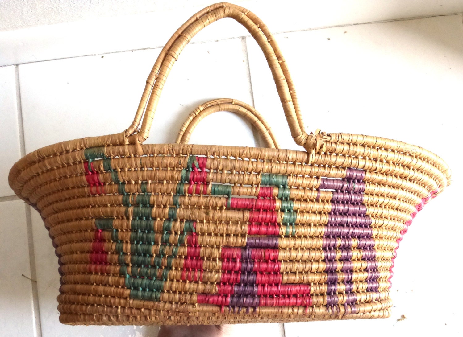 Brightly Colored Vintage Peruvian Basket with with Vivid