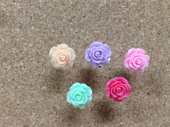 Set of Five upcycled pastel flower thumbtacks