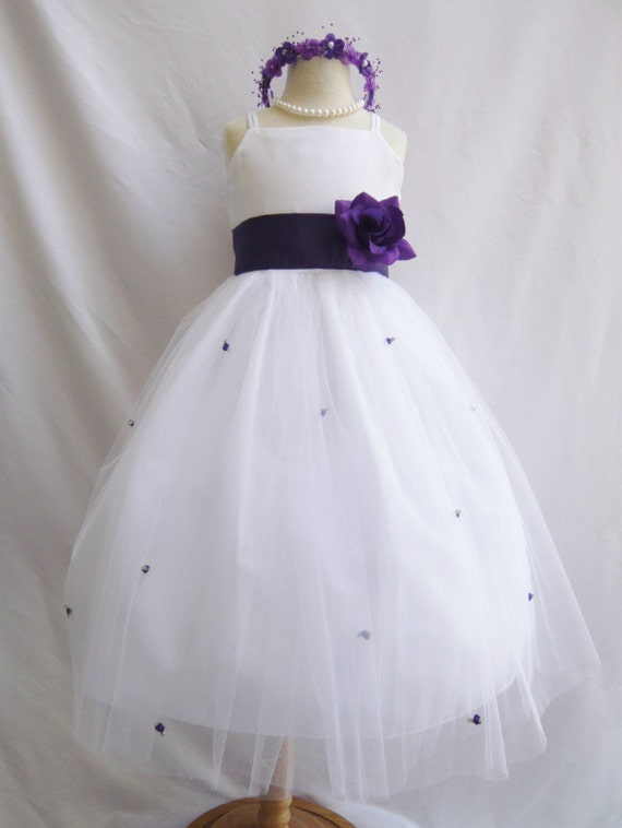 Flower Girl Dresses WHITE with Purple Eggplant by NollaCollection