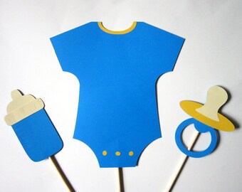 Blue Baby Boy Shower Centerpiece Sticks - Onesie, baby bottle, paci