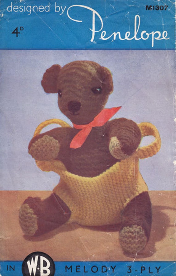 Penelope 1307 vintage toy knitting pattern bear in bag PDF