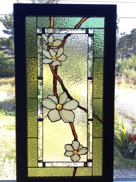 Items similar to Stained glass dogwood flower panel with bevels. Walnut wood frame. on Etsy