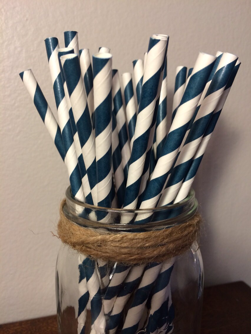 50 Paper Straws Navy & White Paper Straws by HandStampOlogy