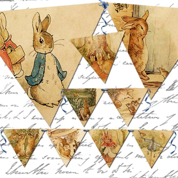 instant download, Vintage Peter Rabbit banner, twenty four, 4.5 X 4 inches each, printable download for paper craft