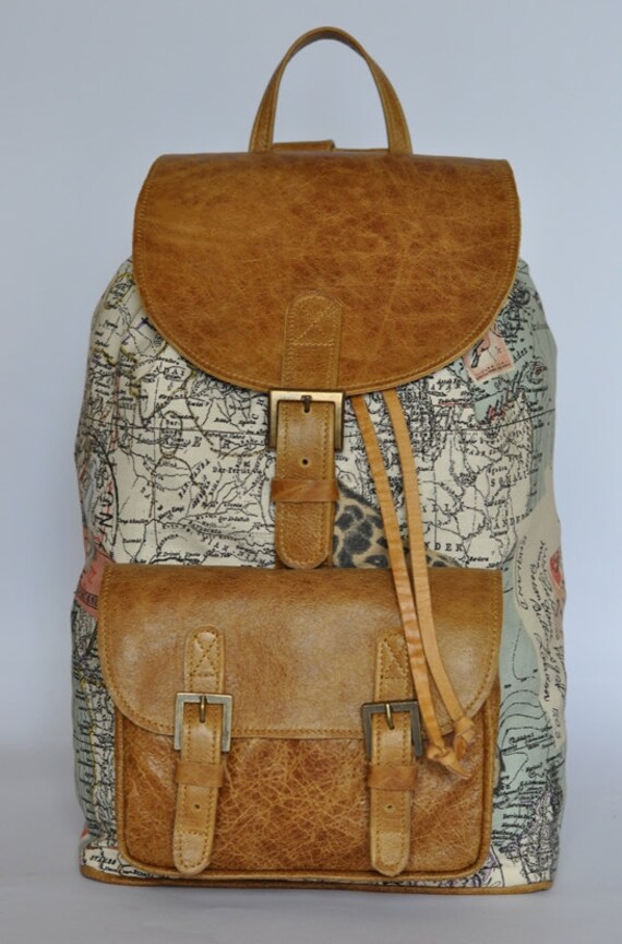 Genuine Leather and African Print Fabric Backpack