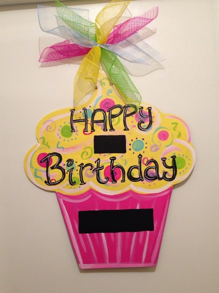 Birthday door hanger, cupcake door hanger, party door decor,girl party decor,birthday chalk board door hanger, wooden door hanger, Gift idea