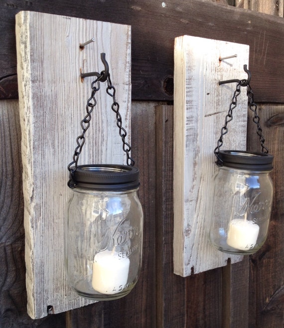 Barn wood mason jar candle holders.