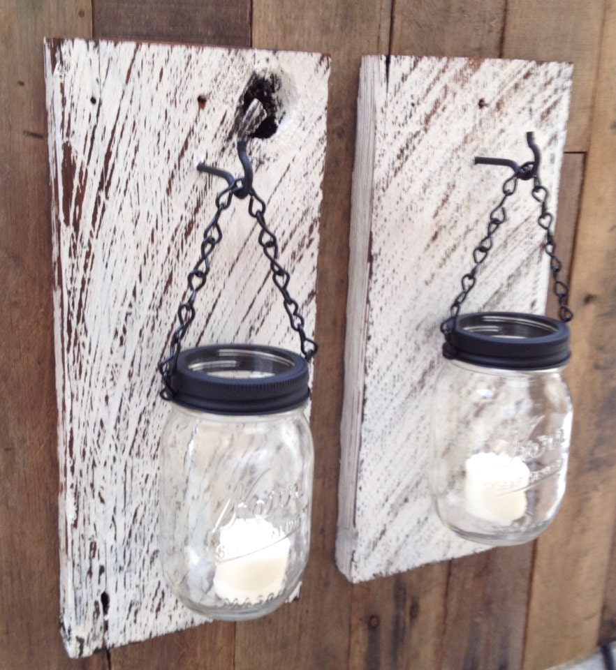 Rustic barn wood mason jar candle holders
