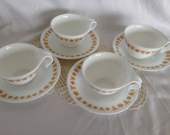 Vintage Butterfly Gold Corelle Hook Handled Cups and Saucers Set of 4