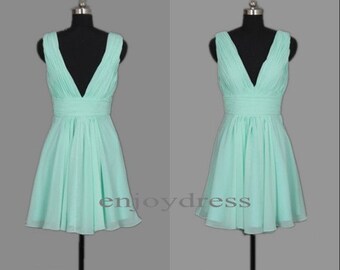 Custom Mint Green V Cut Chiffon Short Prom Dress Bridesmaid Dress Party ...