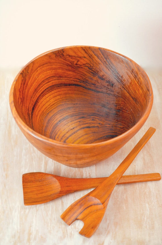 Extra Large Teak Handmade Wooden Salad Bowl w/ Serving Spoons