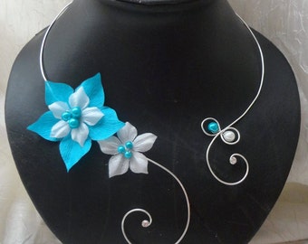 Collier mariée fleurs de soie turquoise blanc mariage soirée Bridal necklace silk flowers blue turquoise white wedding evening