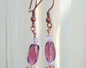 Amethyst fire polished glass, pink faceted glass and and copper scrollwork earrings