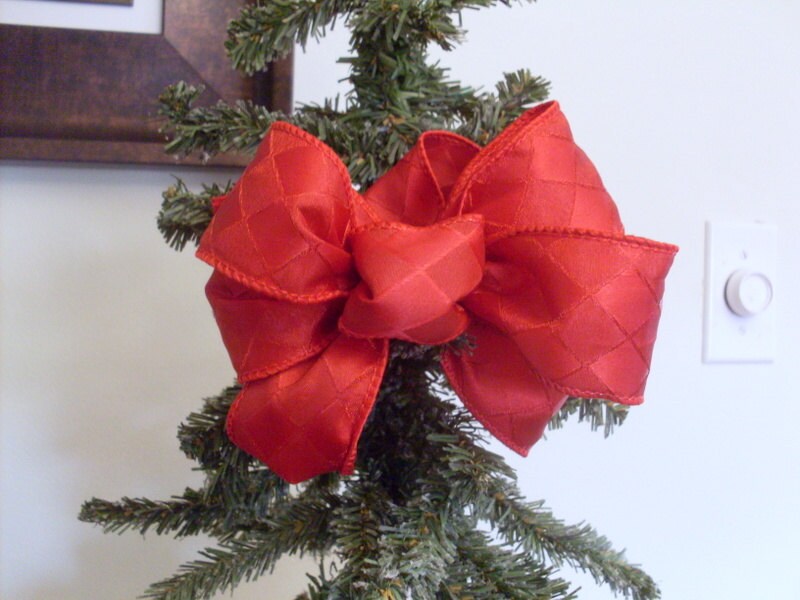 Red Wired Bow Christmas Fabric Package Topper Tree topper