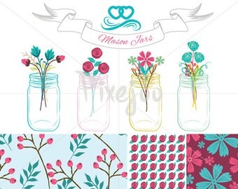 4 Mason Jar Cliparts and 3 Patterns design with banner and line divider // Instant Download