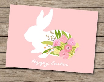 5x7 Easter card print, DIY Easter card, Easter bunny printable Easter decor, pink Easter wall art, floral bunny art - INSTANT DOWNLOAD