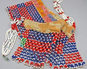 Vintage African Beadwork Belt Cache Sexe Apron African Waist Beads Blue Red Glass Beads Ethnic Jewelry African Tribal Arts