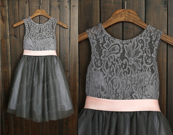 Grey Lace Tulle Flower Girl Dress with Ivory/Champagne/Pink Sash Wedding Children Easter Bridesmaid Communion Baptism Dress