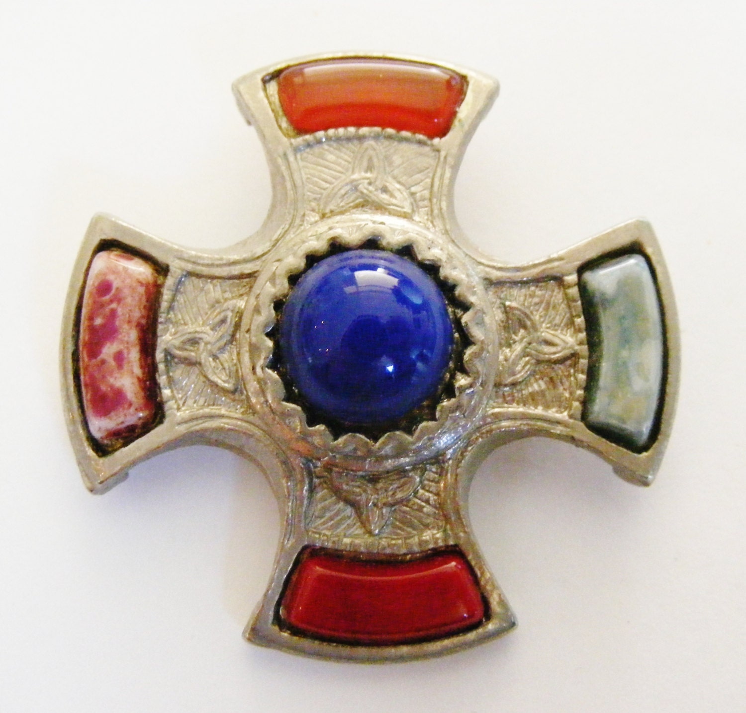 1960's Pewter Celtic Cross Brooch set with glass cabochons