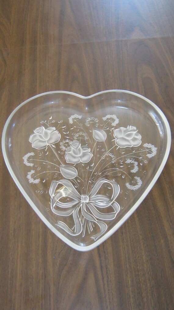 Large Heart Shaped Mikasa Glass Platter with Roses/ Bows