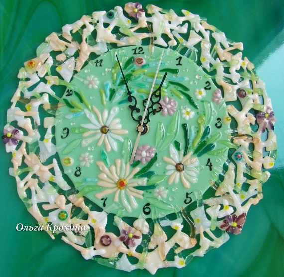 Fused glass Wall clock Wildflower Daisy wall clock Cottage