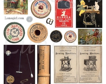 SEWING NOTIONS digital collage sheet, DOWNLOAD vintage images, wooden spools thread ephemera needles pins machine, altered art Victorian ads