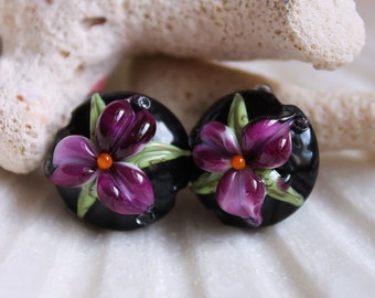 Elizabeth Creations DARK PURPLE LILLIES artisan lampwork matching beads Sra -mto
