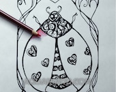 Lady Bug Digital Stamp - Valentine's Day Coloring Page - Love Art Nouveau Border
