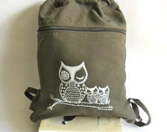 Owls Back Pack-Cinch Sack-Screen Printed Cotton Canvas, Back to School Supplies, Viva Sweet Love