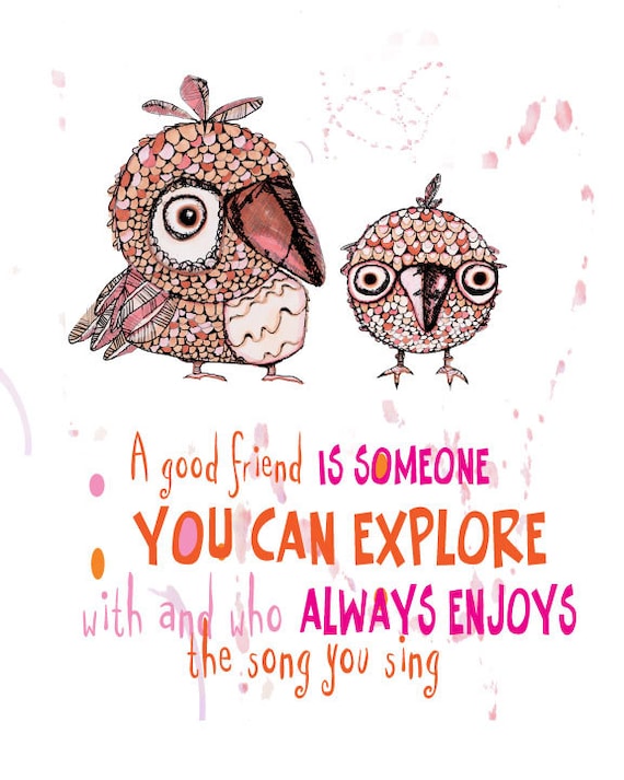 Items similar to Whimsical OWL Friends Illustration With Friendship Quote on Etsy