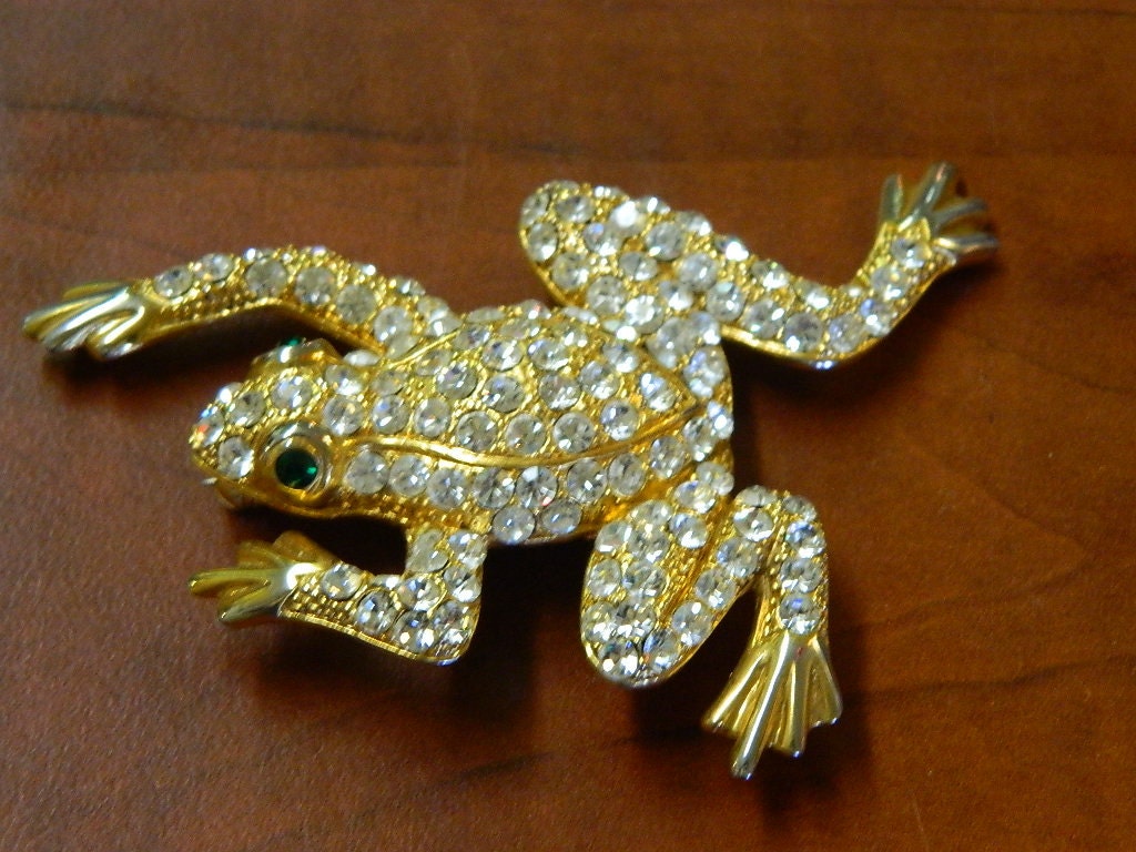 Vintage 1980's Frog Brooch Rhinestones Green & By Theidconnection