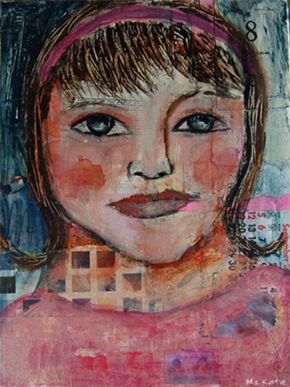 Acrylic Portrait Collage Painting 9x12 Original, Mixed Media, Woman, 50s Girl, Pink, Face, Headband, Blue Eyes