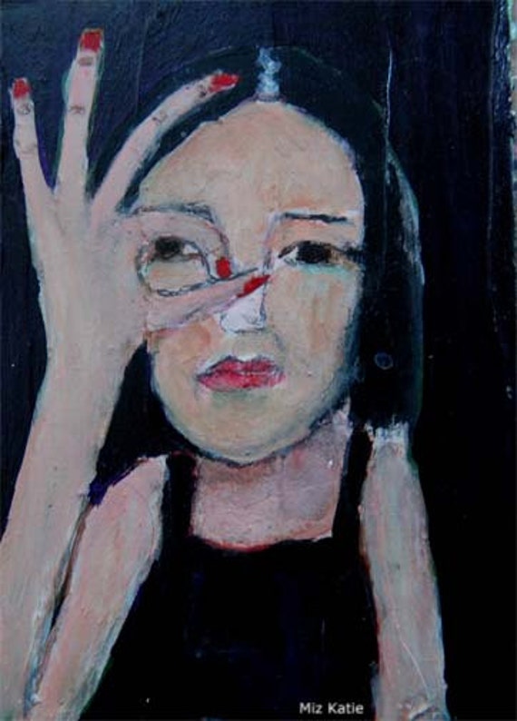 Acrylic Portrait Painting, Zero, Funny. Woman, Black, Hand, 5x7 Canvas Panel