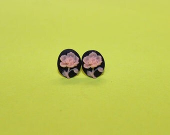 Tiny Black & Pink Flower Cameo Earrings