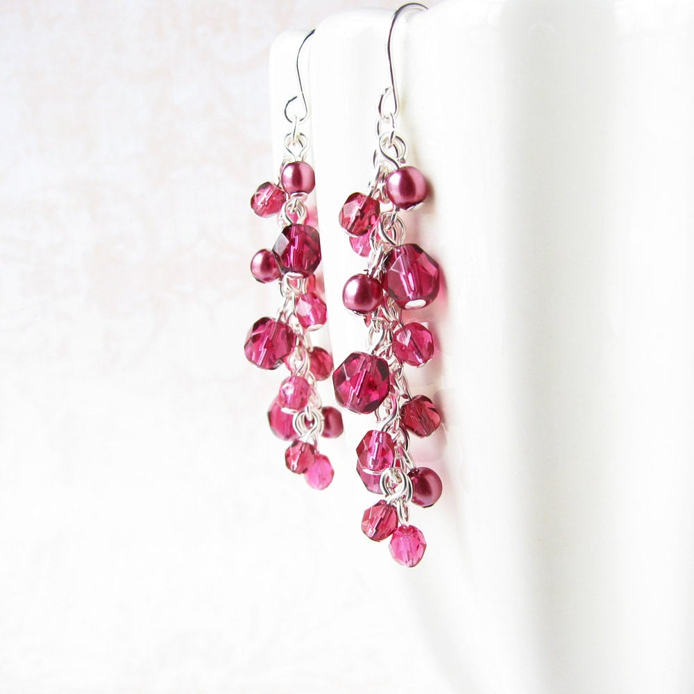 Hot Fuchsia Earrings Pink Czech Glass Beaded Cluster Earrings