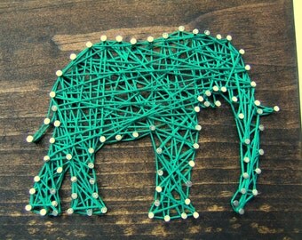 Elephant Silhouette - Modern String Art Wooden Tablet - Jade on Jacobean