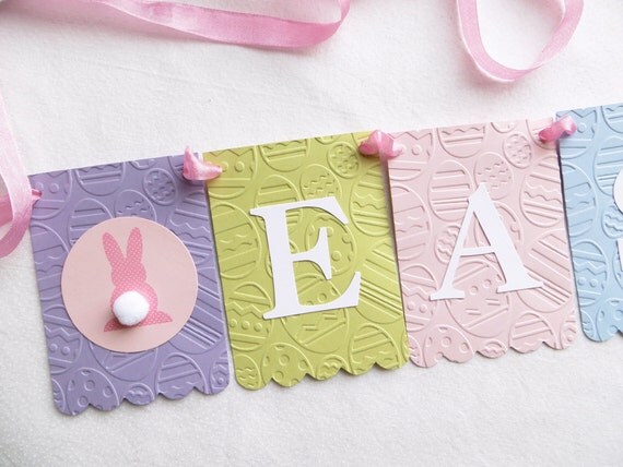 Easter Banner with Bunny - Embossed Easter Eggs - READY TO SHIP - Easter Home Decor Easter Bunny Garland Bunny Banner Il_570xn