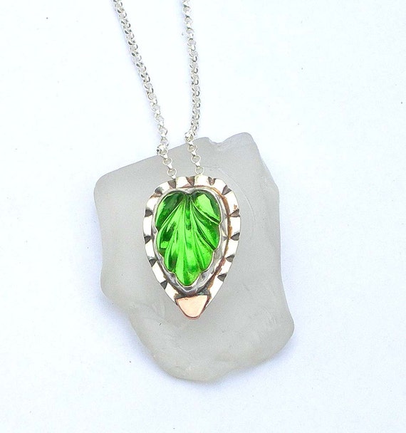 Lime Green Leaf Pendant, Carved Glass Leaf Pendant, Vintage Artisan