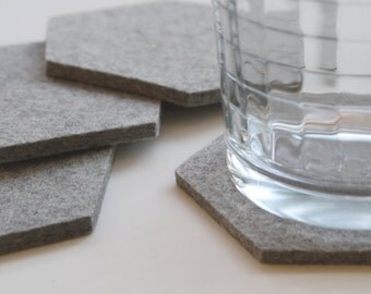 Gray Minimalist Modern Geometric Drink Cup Table Coasters Housewarming Hostess Gift Hexagon 5mm Wool Felt Ecofriendly Sustainable Barware