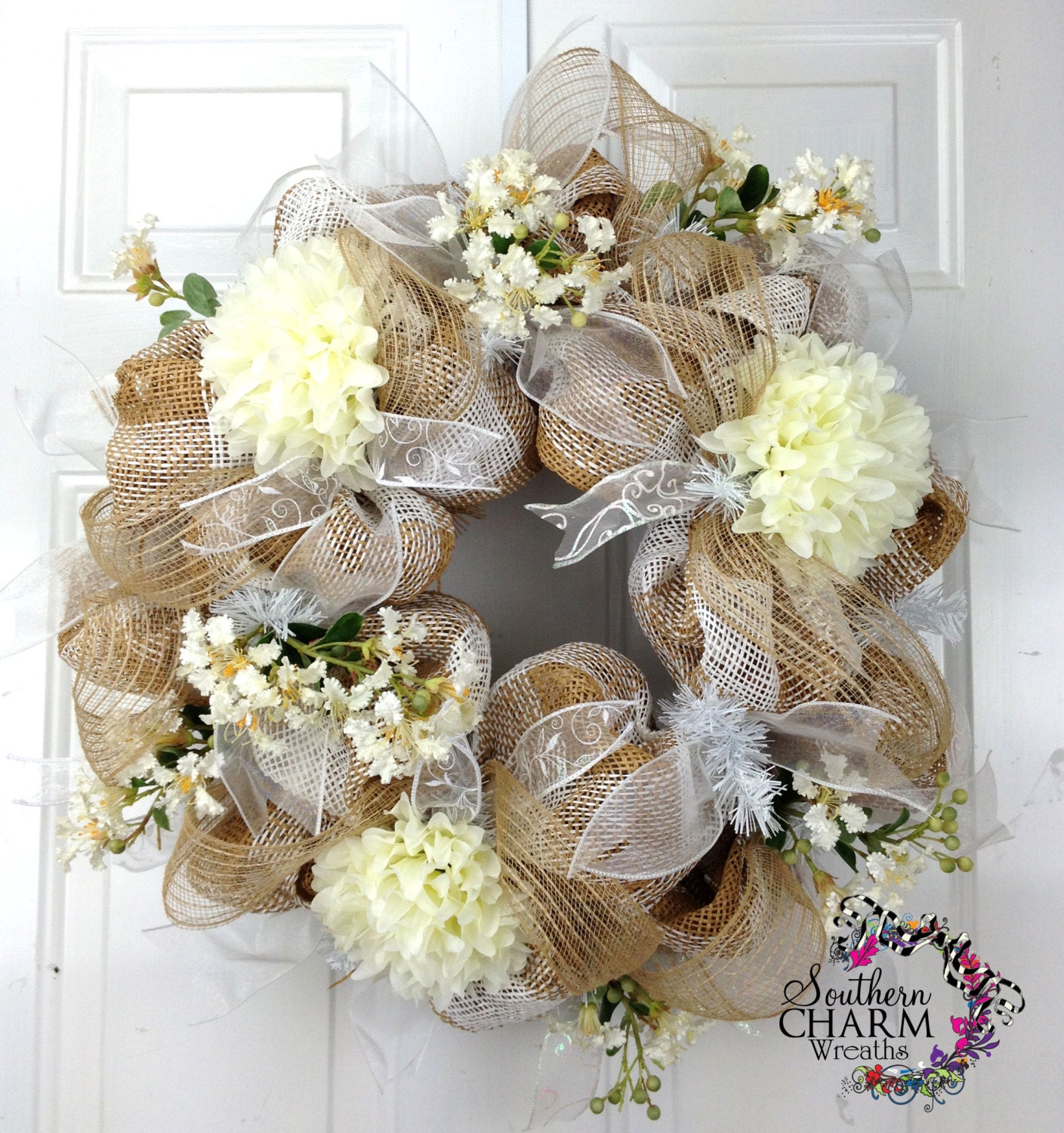 Poly Burlap Wedding Wreath in Natural Creams and Whites