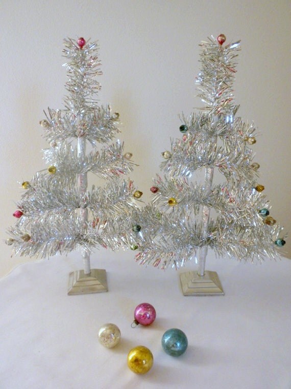 vintage tinsel Christmas tree pair made in Japan with by brixiana