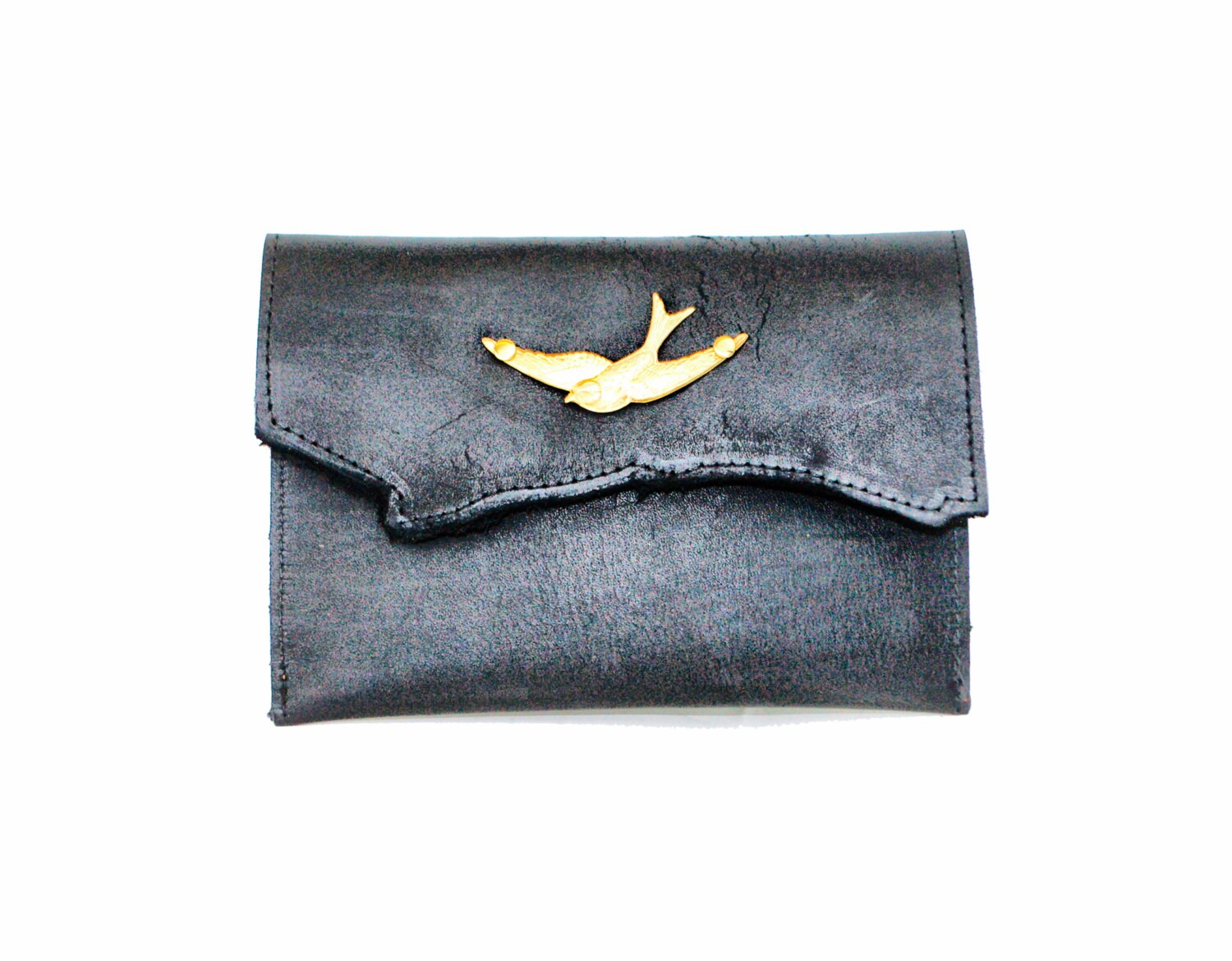 Swallow Bird Leather Clutch Black Raw Edge Leather Clutch