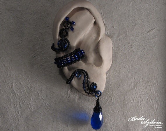 NYX - wire wrapped ear cuff - blue and black