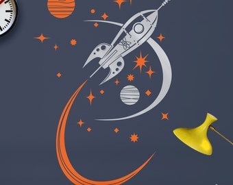 rocket ship wall decal, mid century space ship vinyl art, retro rocket sticker art, boys room, girls room, FREE SHIPPING
